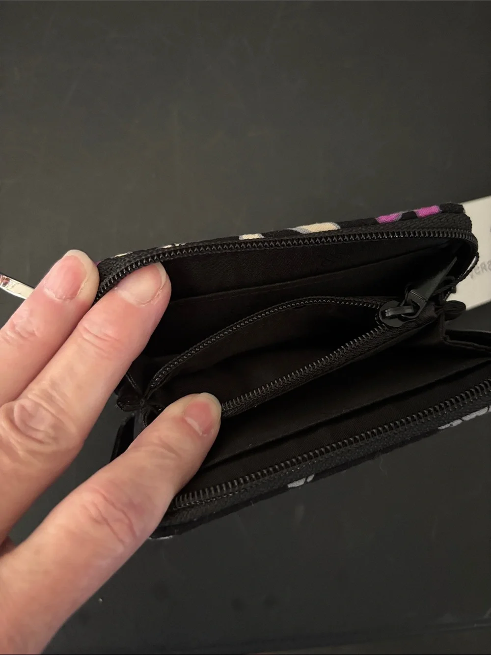 Vera Bradley Black White and Pink Patterned Zip ID Wallet with Key Ring